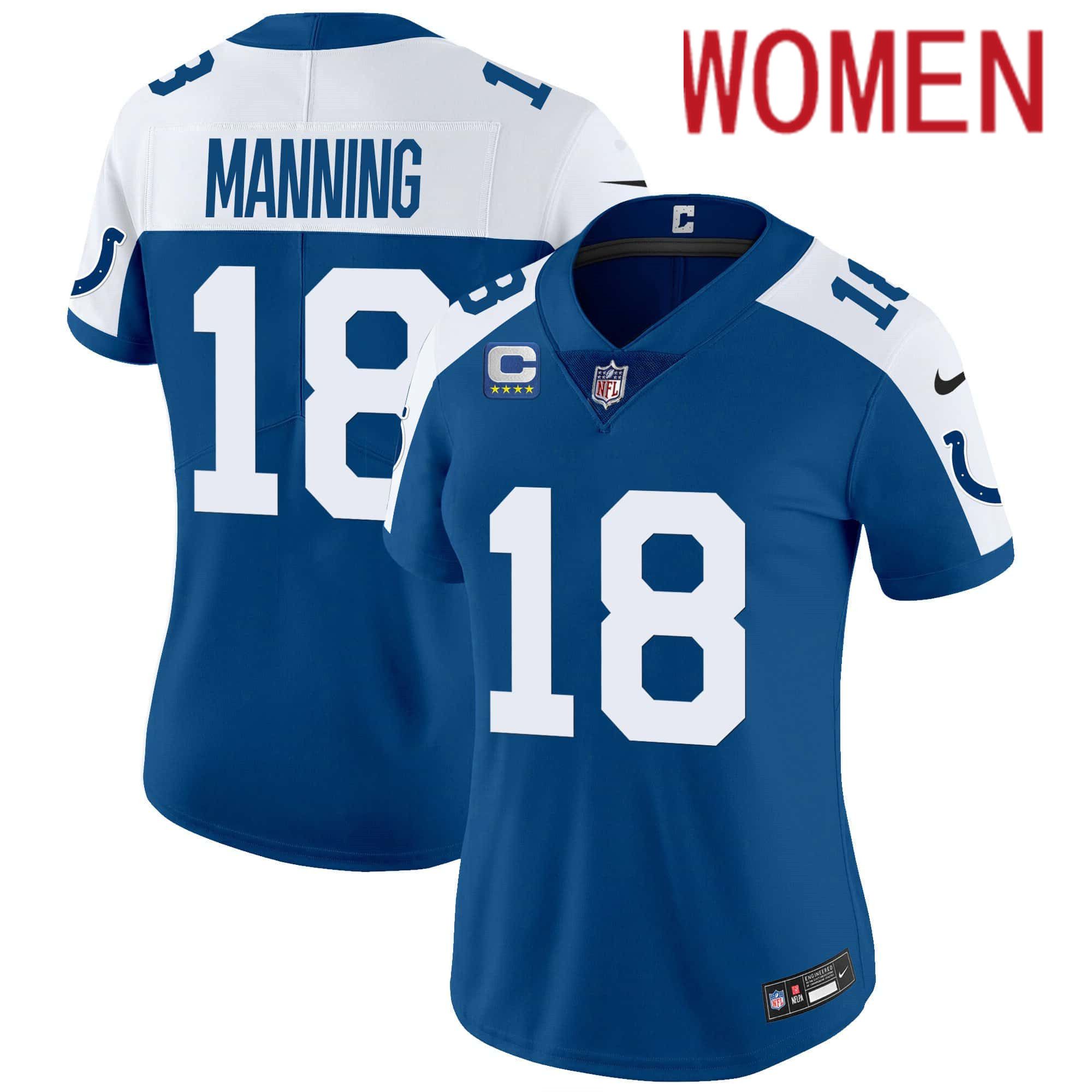 Women Indianapolis Colts 18 Manning Blue 2024 Nike Vapor Limited NFL Jersey style 1